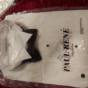 Paul Rene white button down cuffed sleeve black tie